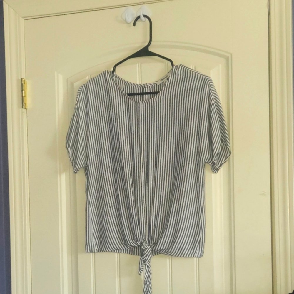 Madewell Navy Blue and White Striped Tie-Front Blouse